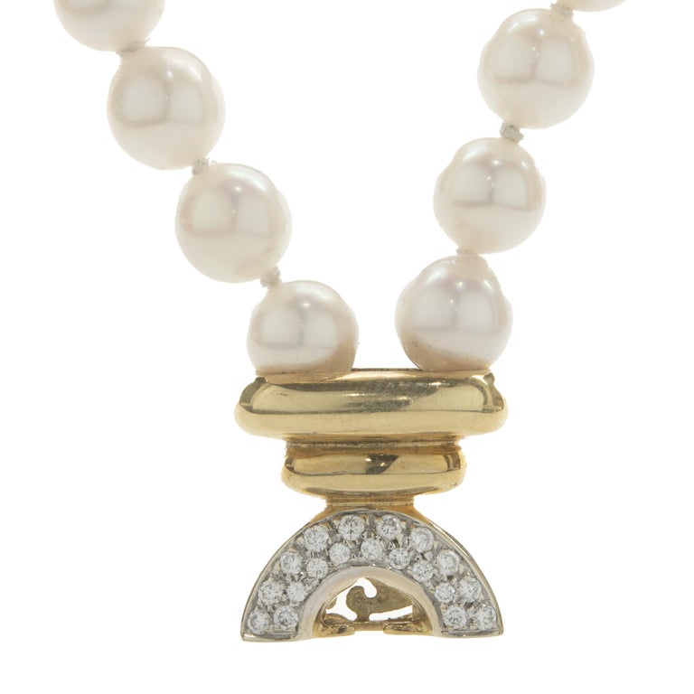 14 Karat Yellow Gold Double Strand Pearl and Diamond Necklace For Sale ...