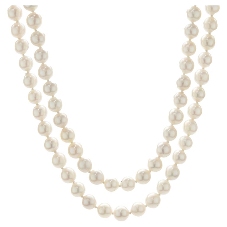 14 Karat Yellow Gold Double Strand Pearl and Diamond Necklace For Sale ...