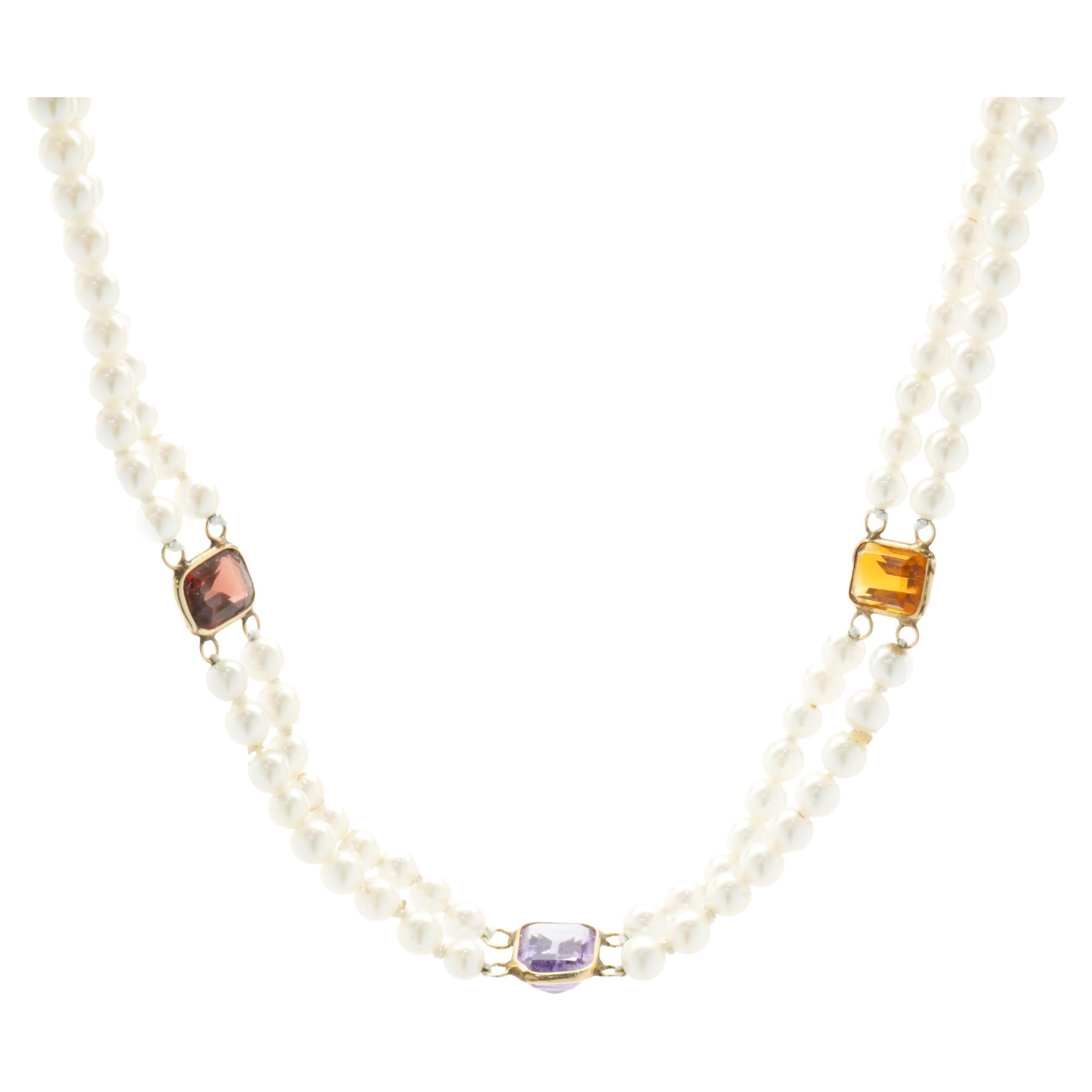 14 Karat Yellow Gold Double Strand Pearl Necklace with Multi Colored Gemstone For Sale