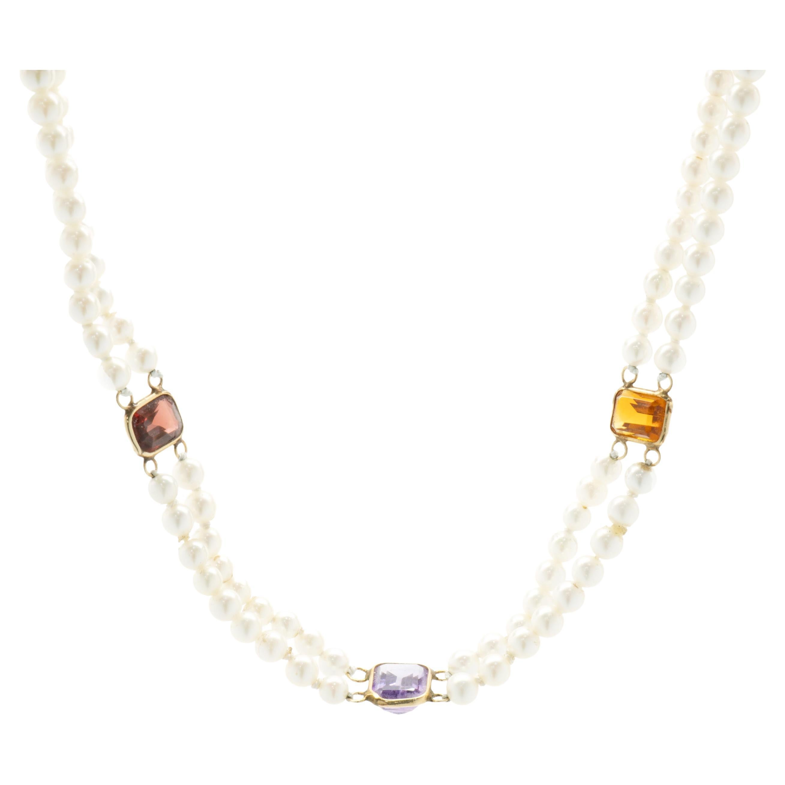 Collier de perles à double rang en or jaune 14 carats avec pierres précieuses multicolores