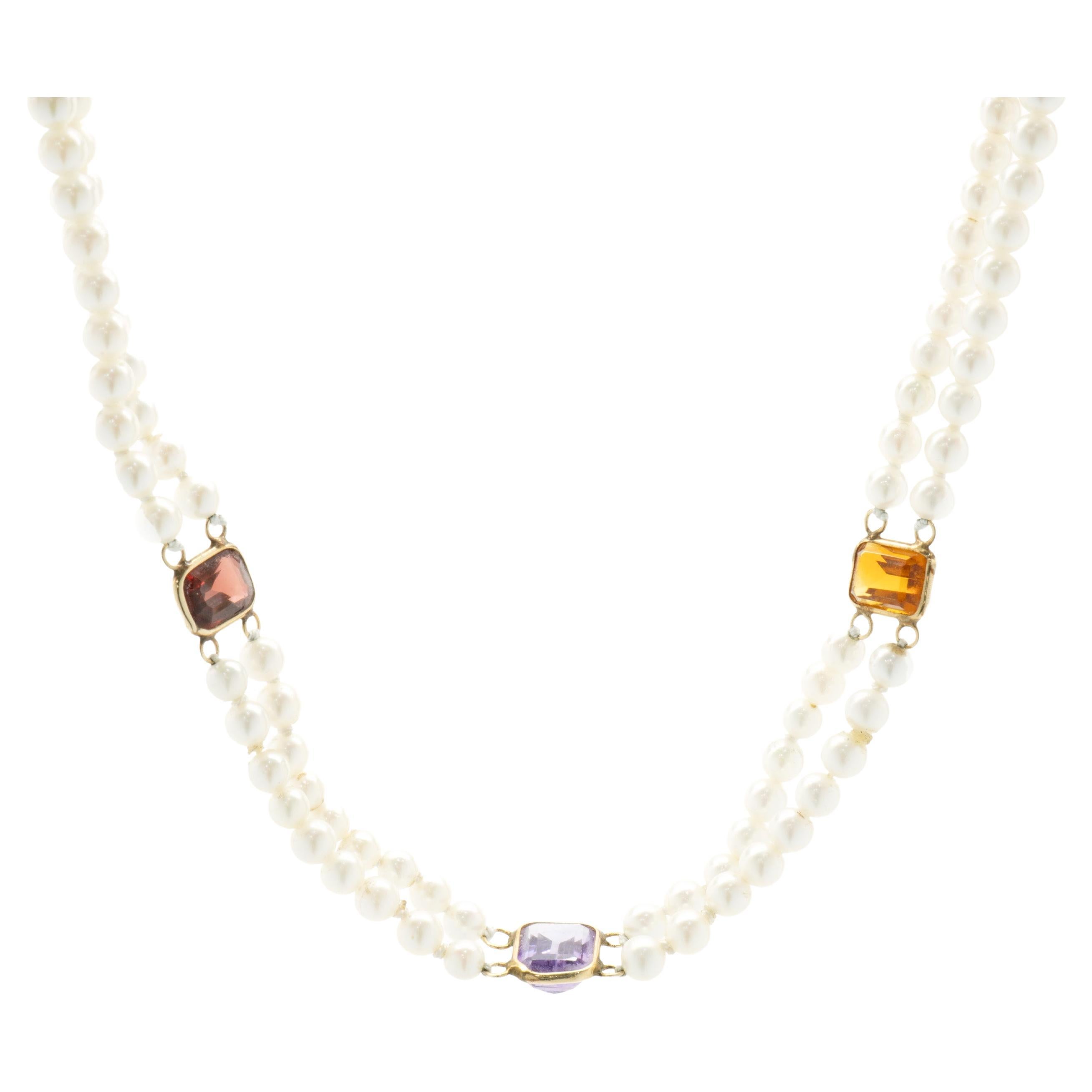 14 Karat Yellow Gold Double Strand Pearl Necklace with Multi Colored Gemstone