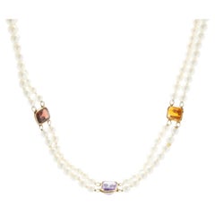 14 Karat Yellow Gold Double Strand Pearl Necklace with Multi Colored Gemstone