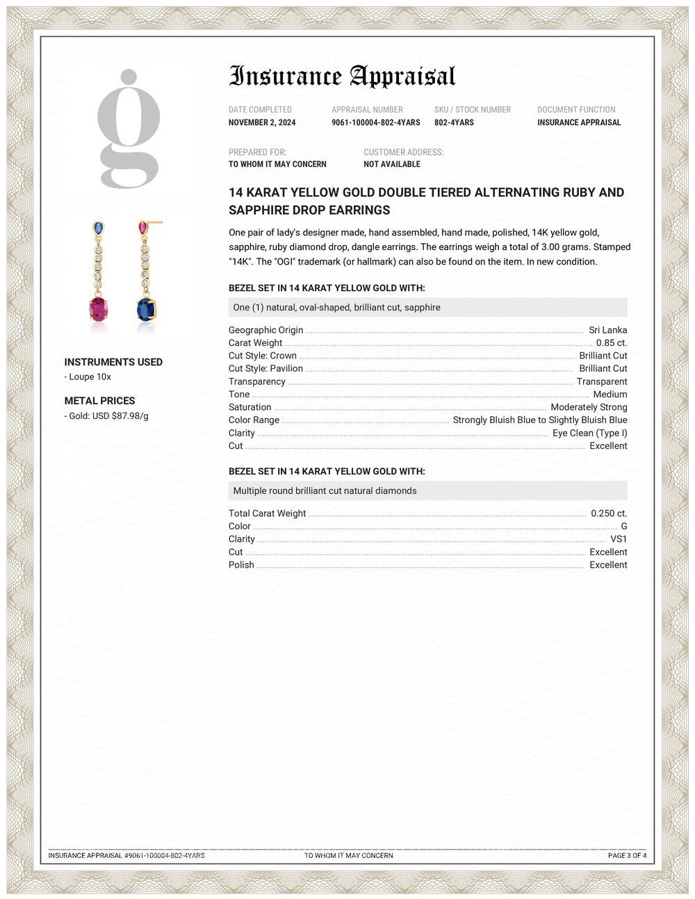 14 Karat Gelbgold Doppelt gestufte, abwechselnd Rubin und Saphir Tropfenohrringe (Kissenschliff) im Angebot