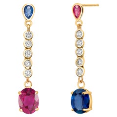 14 Karat Yellow Gold Double Tiered Alternating Ruby and Sapphire Drop Earrings