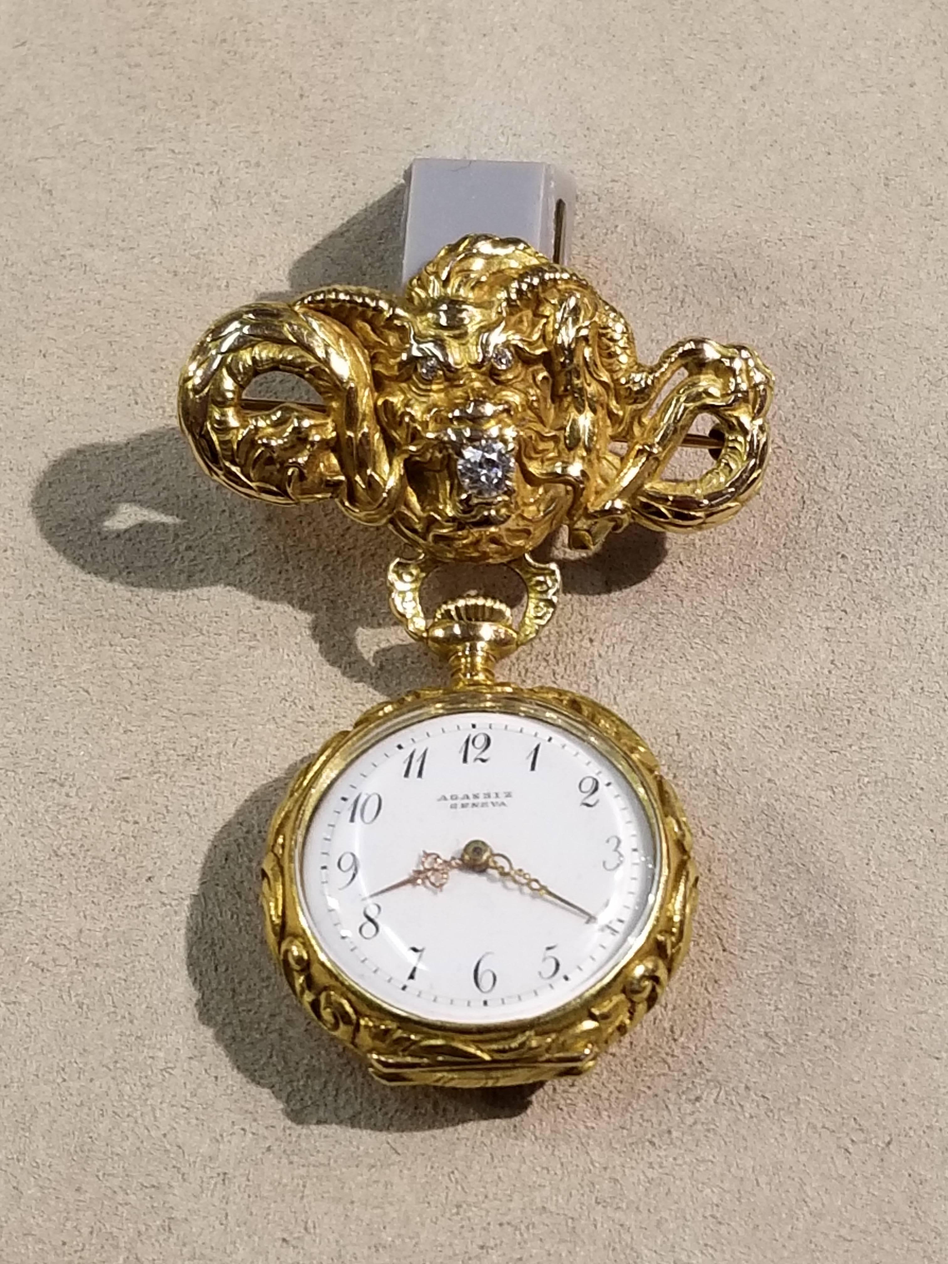 Art Nouveau 14 Karat Yellow Gold Dragon Lapel Pin with 18 Karat Yellow Gold Watch