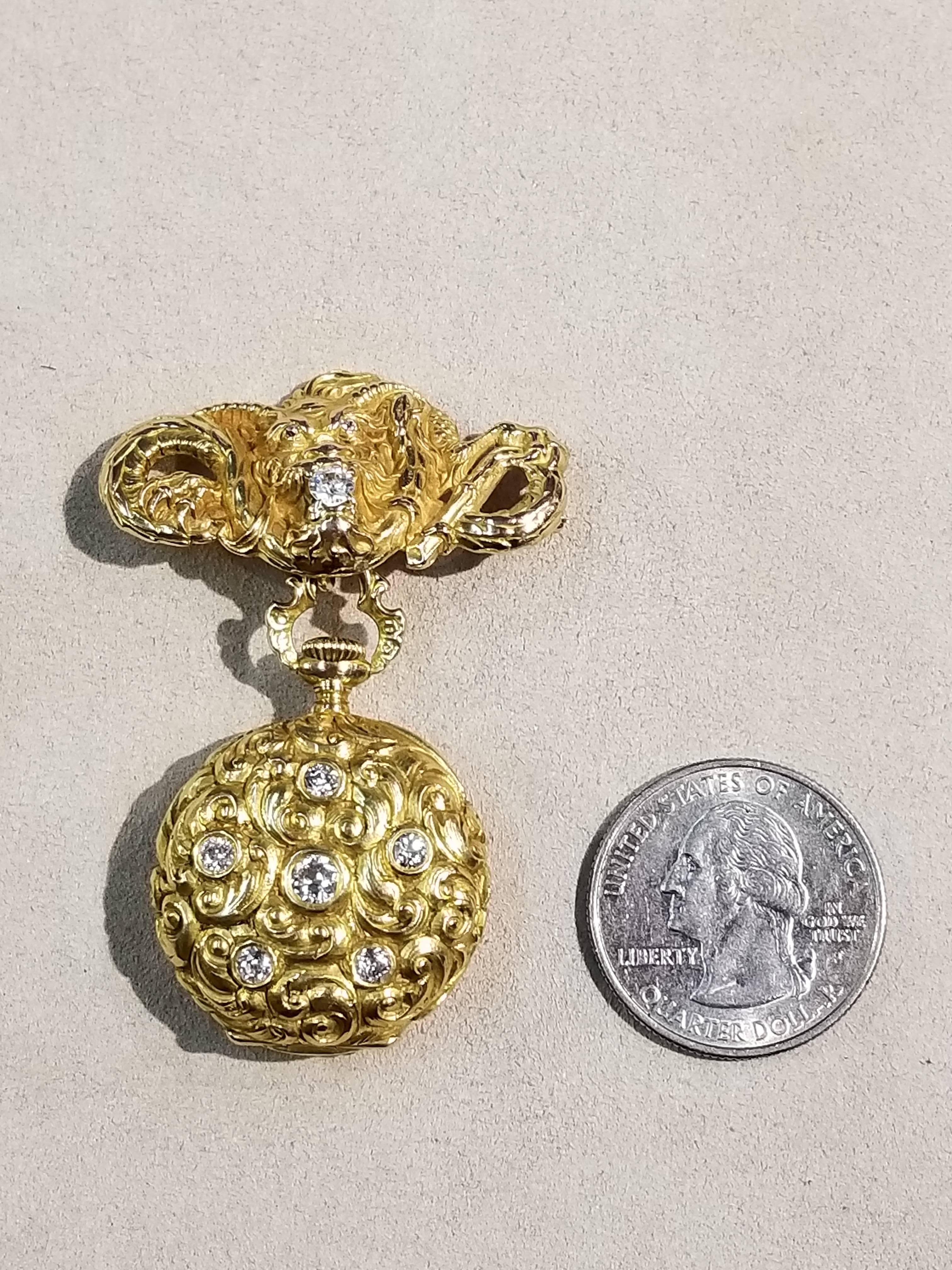 Women's or Men's 14 Karat Yellow Gold Dragon Lapel Pin with 18 Karat Yellow Gold Watch