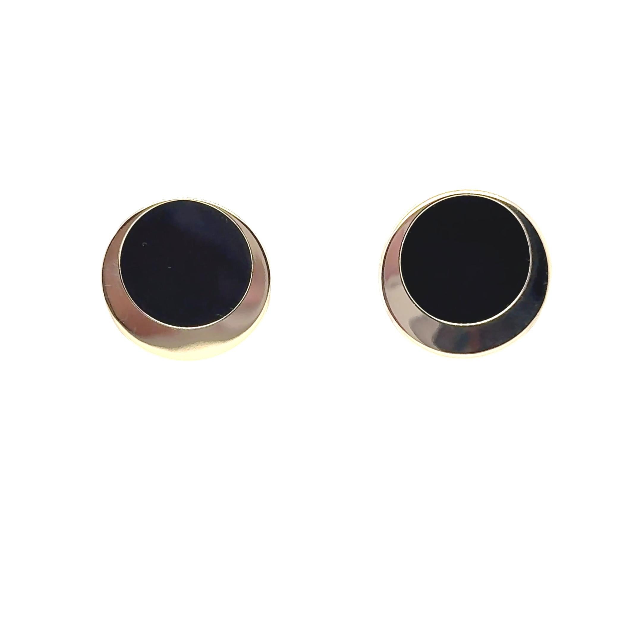 Donna 14 Karat Yellow Gold Drop Earrings with 22mm Polished Onyx Discs in vendita
