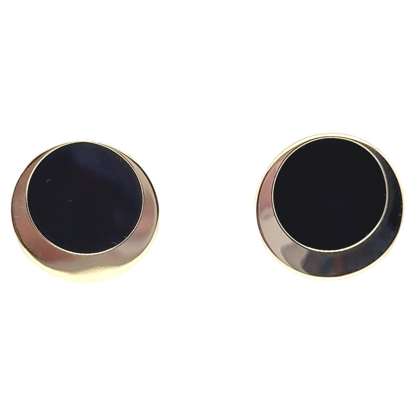 14 Karat Yellow Gold Drop Earrings with 22mm Polished Onyx Discs in vendita