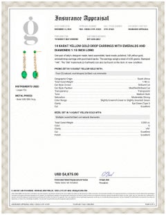14 Karat Yellow Gold Drop Earrings with Emeralds and Diamonds 1.15 Inch Long
