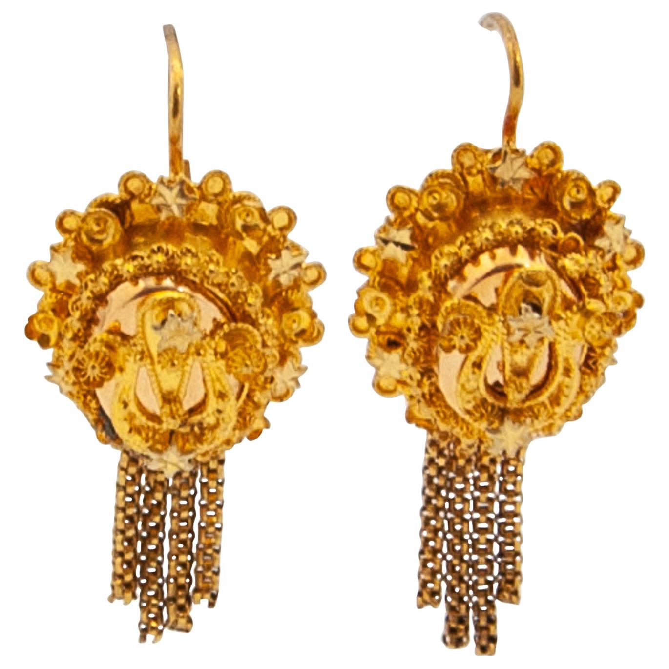 Boucles d'oreilles pendantes en or jaune 14 carats avec houppes anciennes