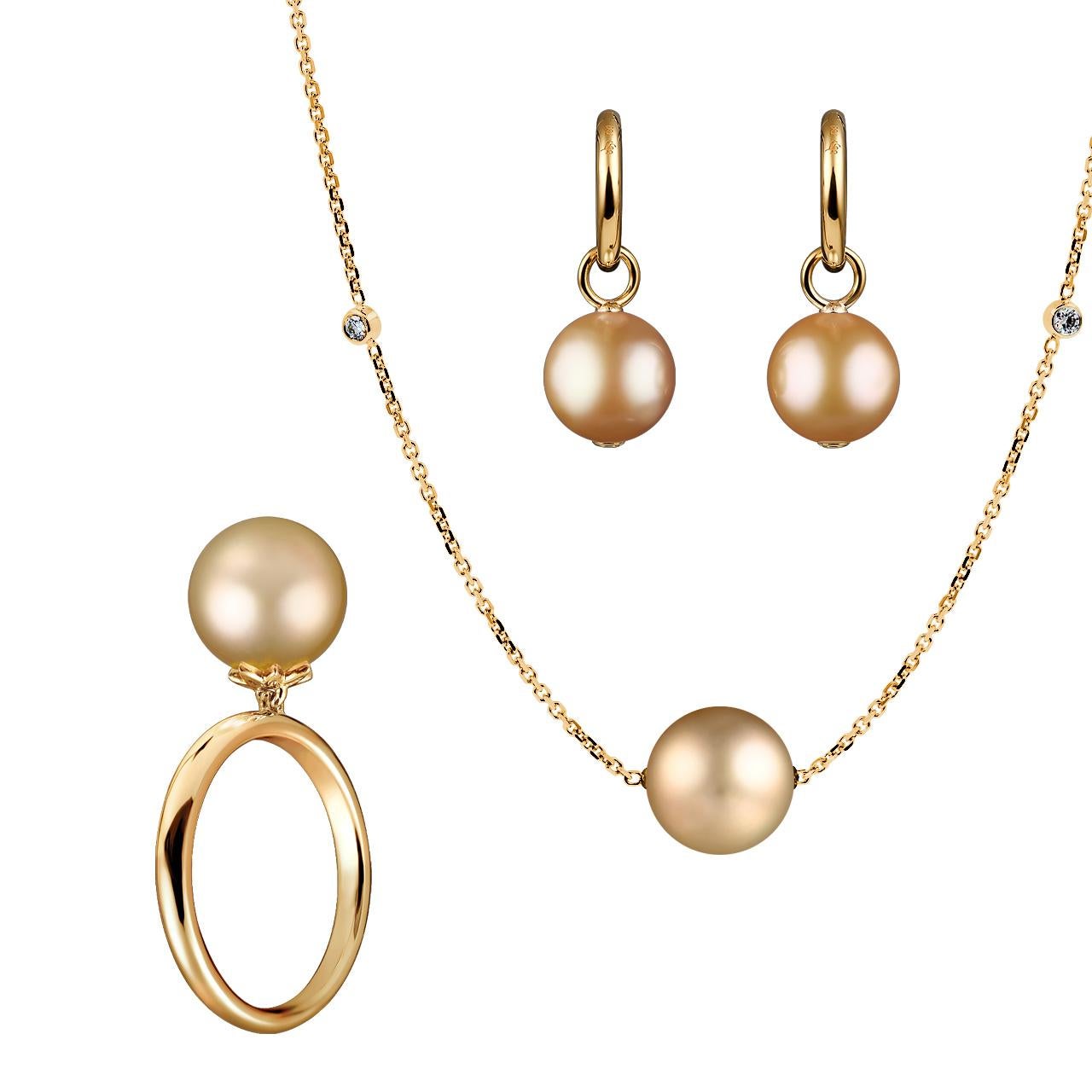 Contemporary 14 Karat Yellow Gold Earrings with Free Moving Golden South Sea Pearl For Sale