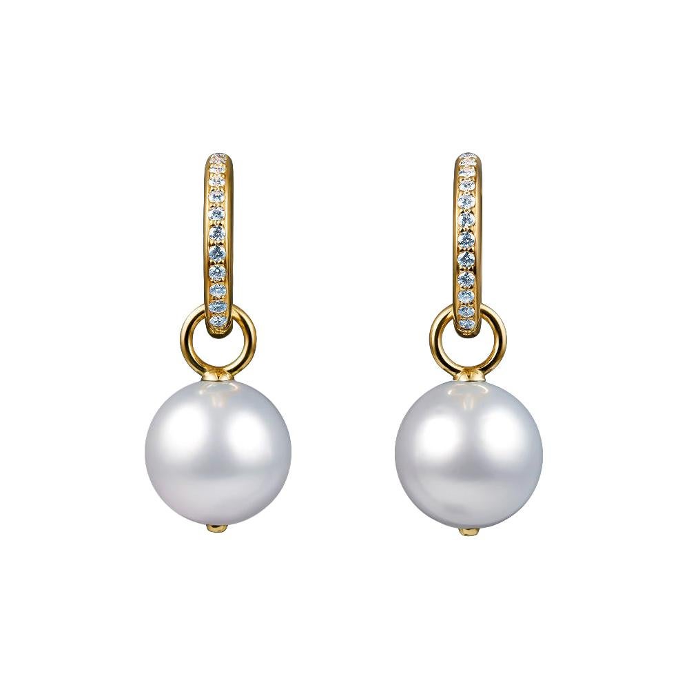 14 Karat Yellow Gold Earrings with Free Moving White South Sea Pearl and Diamond For Sale