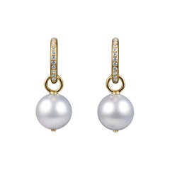 14 Karat Yellow Gold Earrings with Free Moving White South Sea Pearl and Diamond