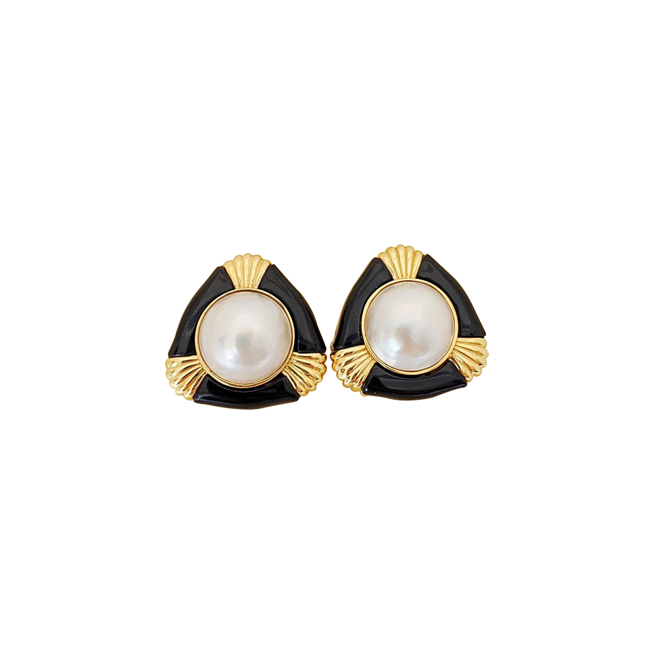 14 Karat Yellow Gold Earrings with Mabe Pearl and Black Onyx