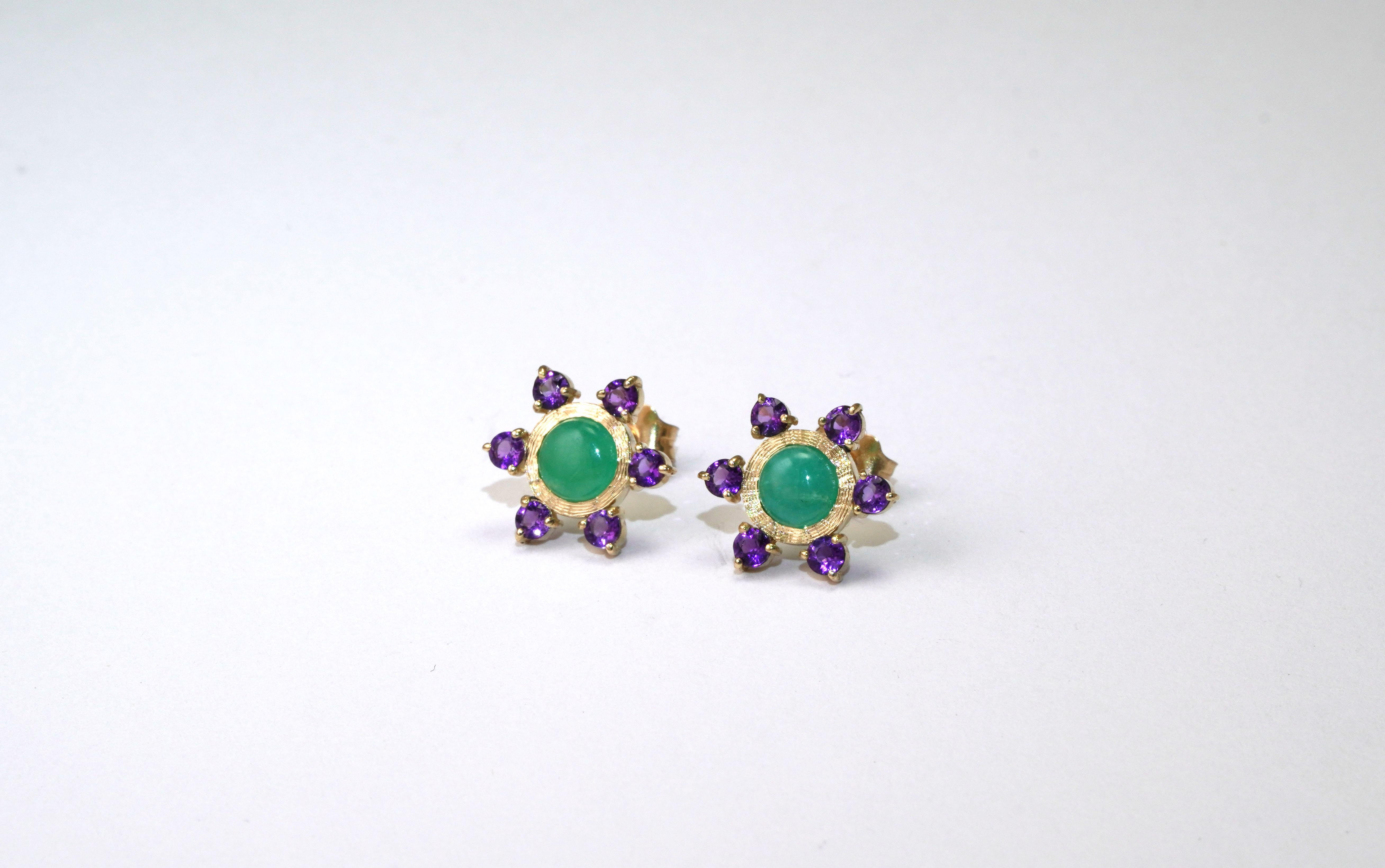 Modern 14 Karat Yellow Gold Emerald Amethyst Earrings For Sale