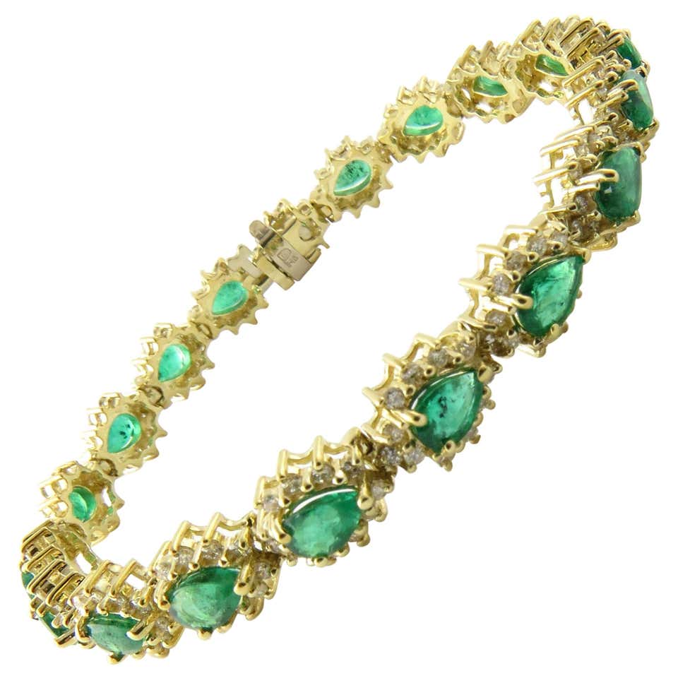 14 Karat Yellow Gold Emerald and Diamond Bracelet at 1stdibs