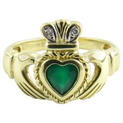 14 Karat Yellow Gold Emerald and Diamond Claddagh Ring