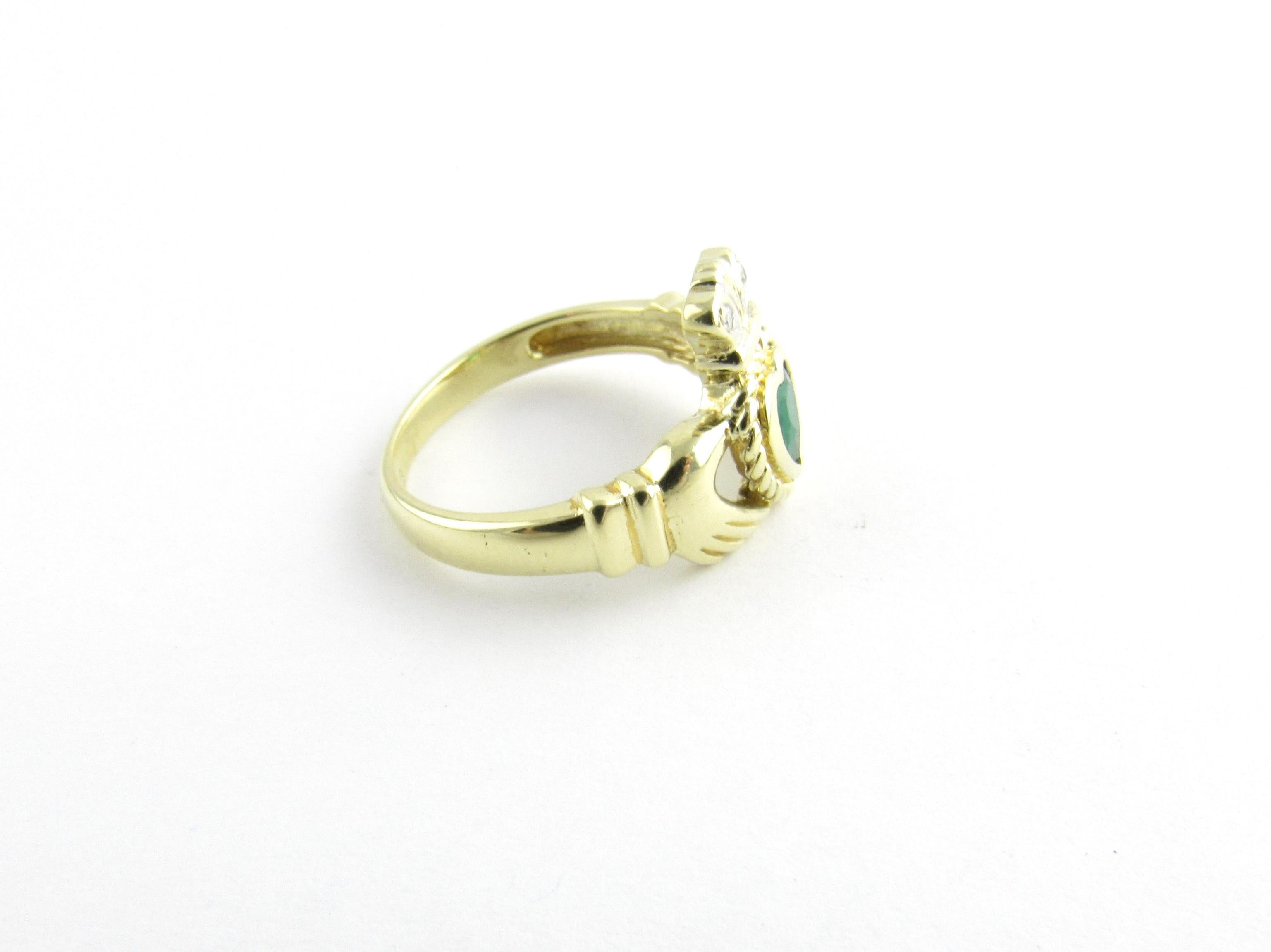 14 Karat Yellow Gold Emerald and Diamond Claddagh Ring 2