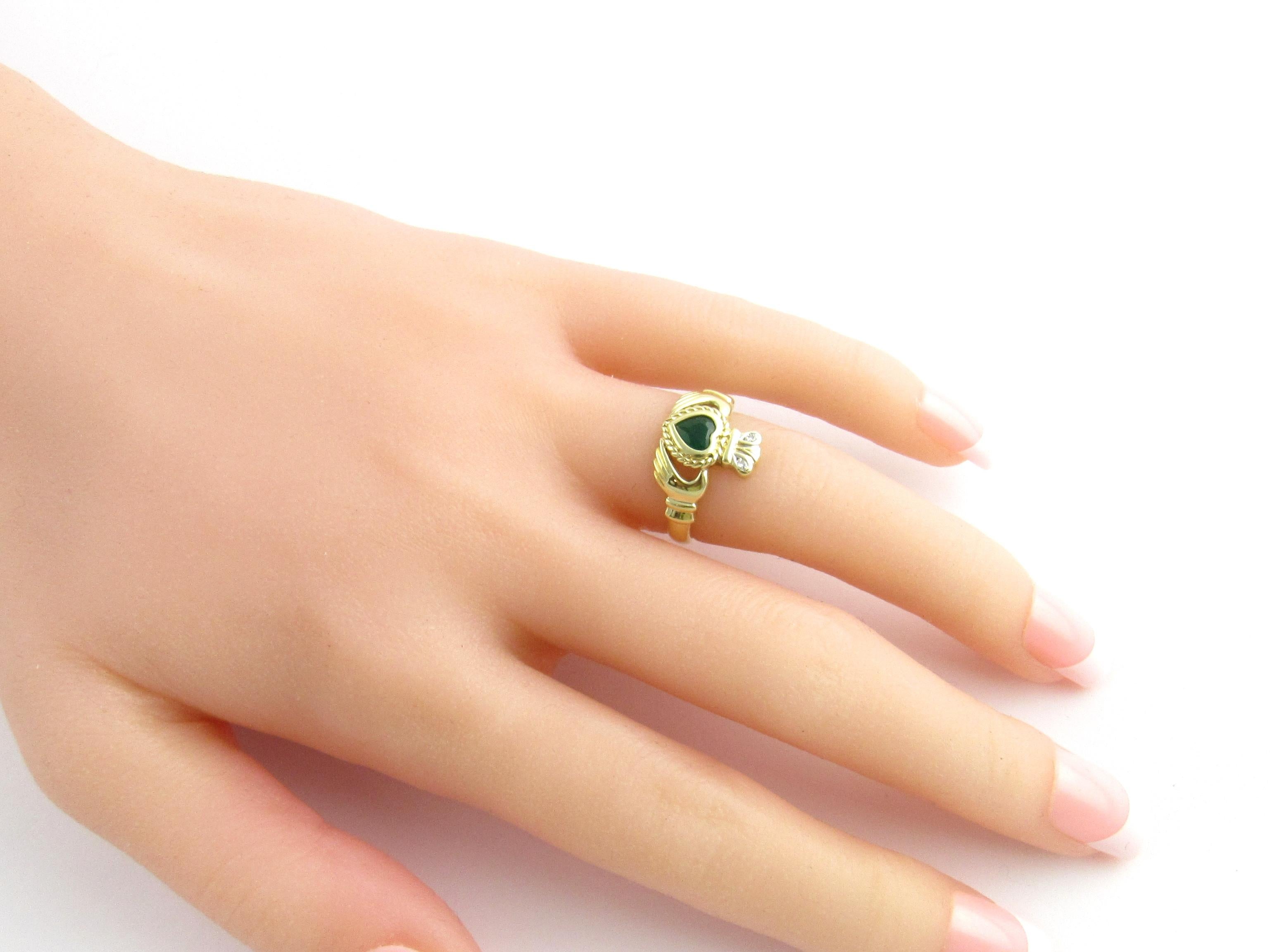 14 Karat Yellow Gold Emerald and Diamond Claddagh Ring 4