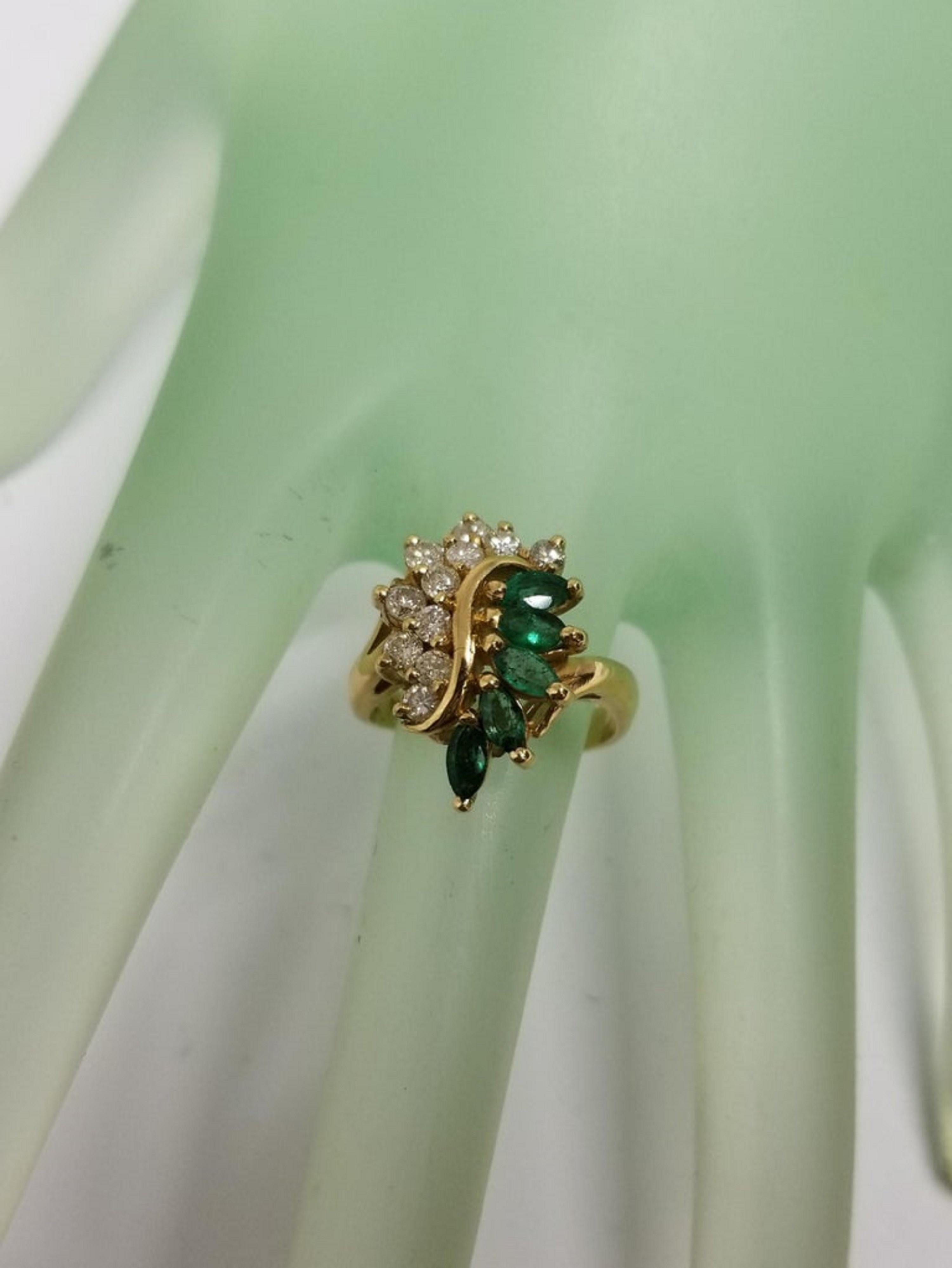 Women's or Men's 14 Karat Yellow Gold Emerald and Diamond Cluster Ring For Sale