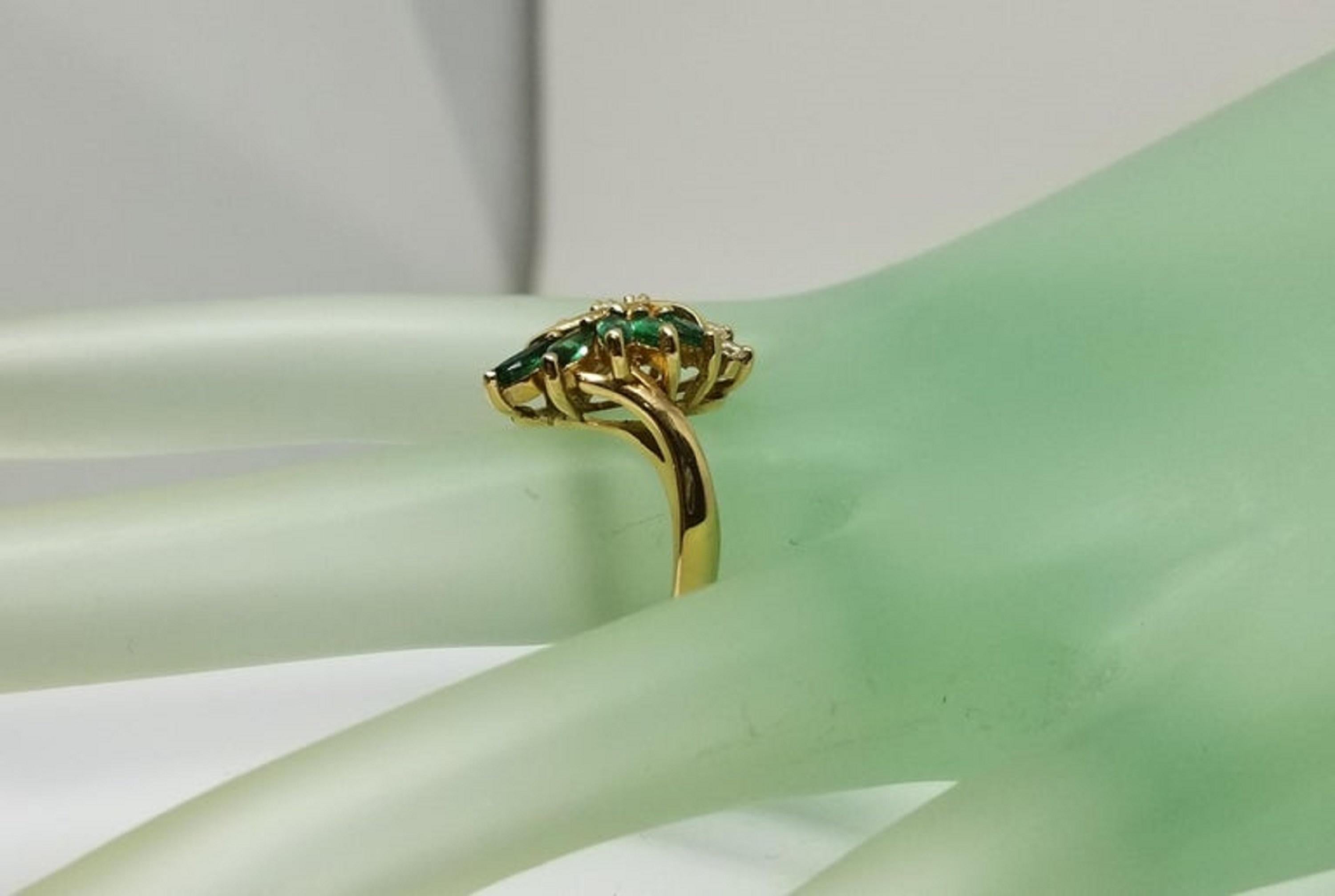 14 Karat Yellow Gold Emerald and Diamond Cluster Ring For Sale 2