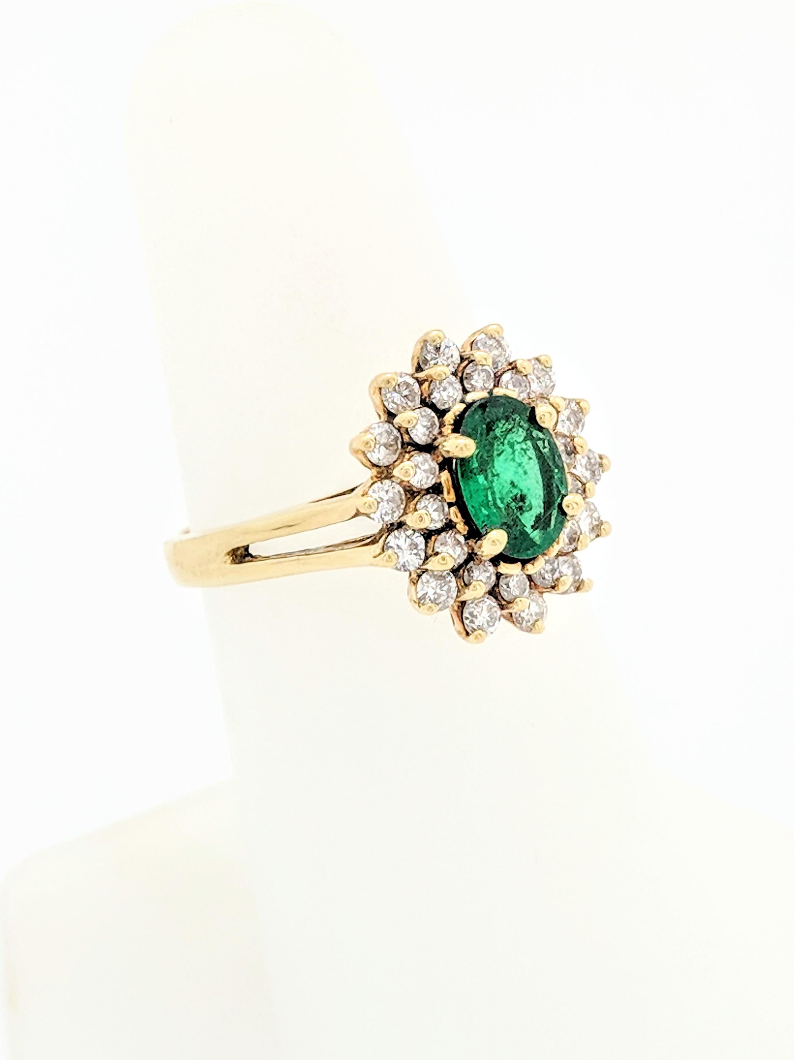 Art Nouveau 14 Karat Yellow Gold Emerald and Diamond Cocktail Ring