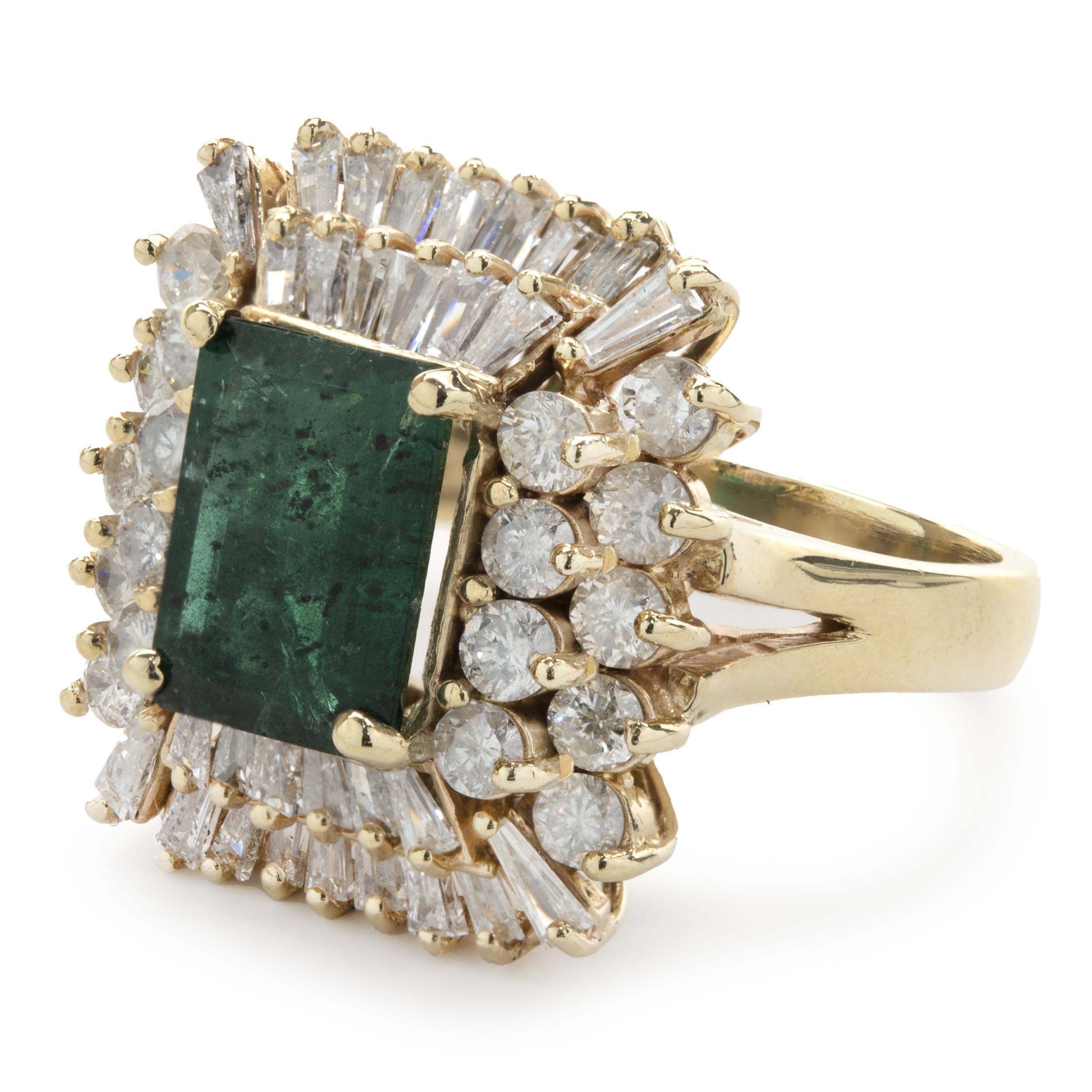 Emerald Cut 14 Karat Yellow Gold Emerald and Diamond Cocktail Ring