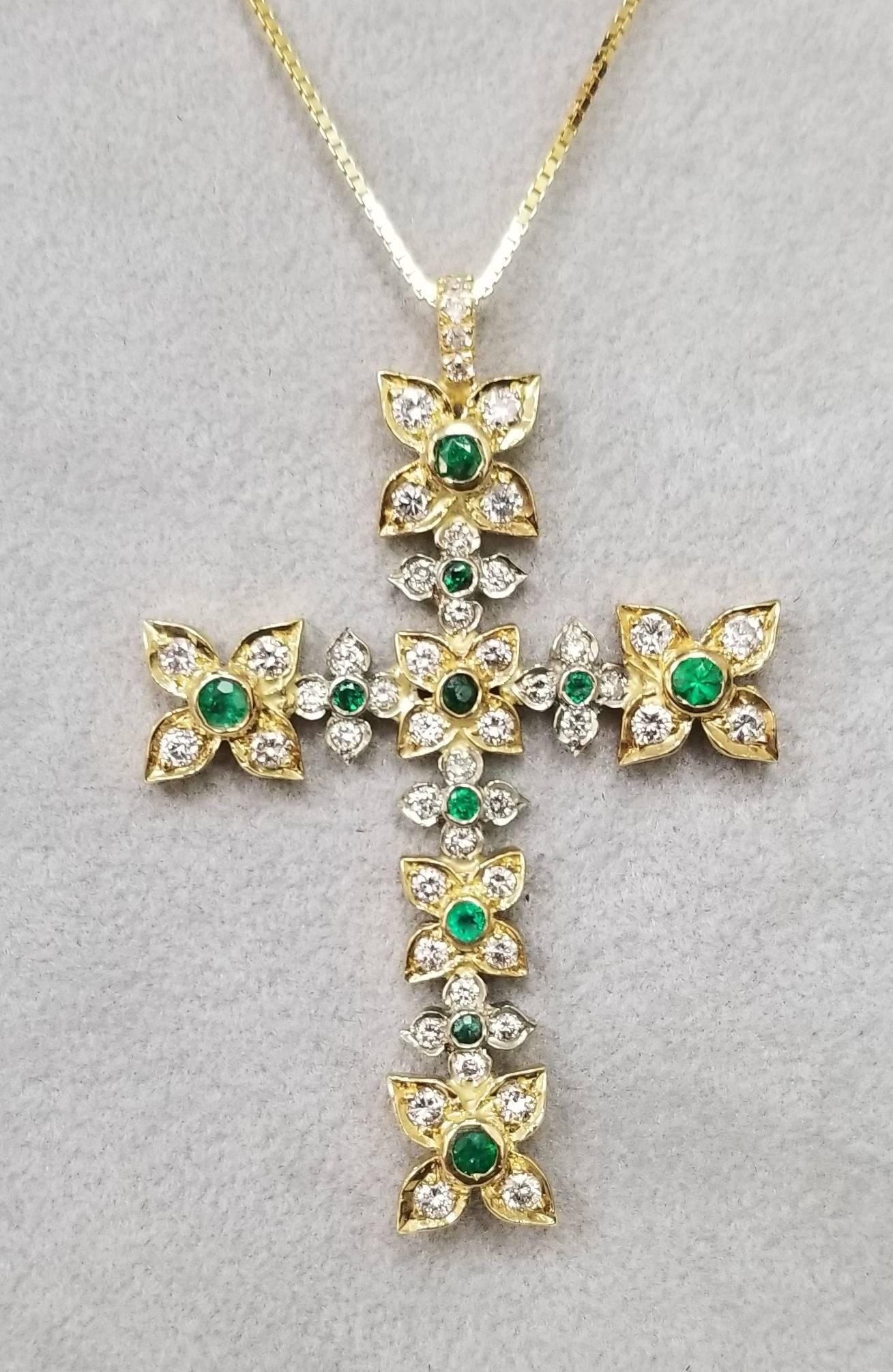 Contemporary 14 Karat Yellow Gold Emerald and Diamond Cross