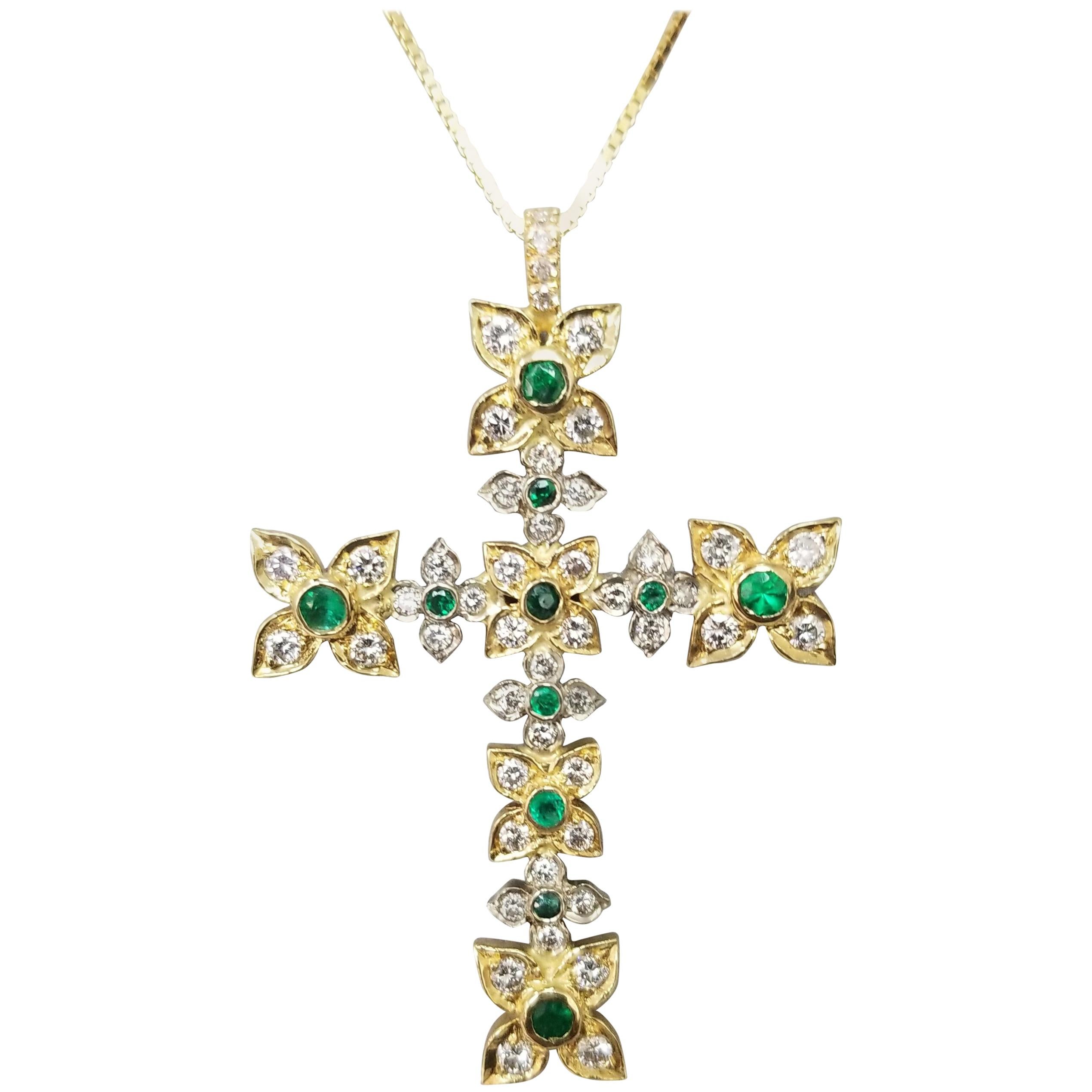 14 Karat Yellow Gold Emerald and Diamond Cross