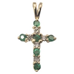14 Karat Yellow Gold Emerald and Diamond Cross Pendant