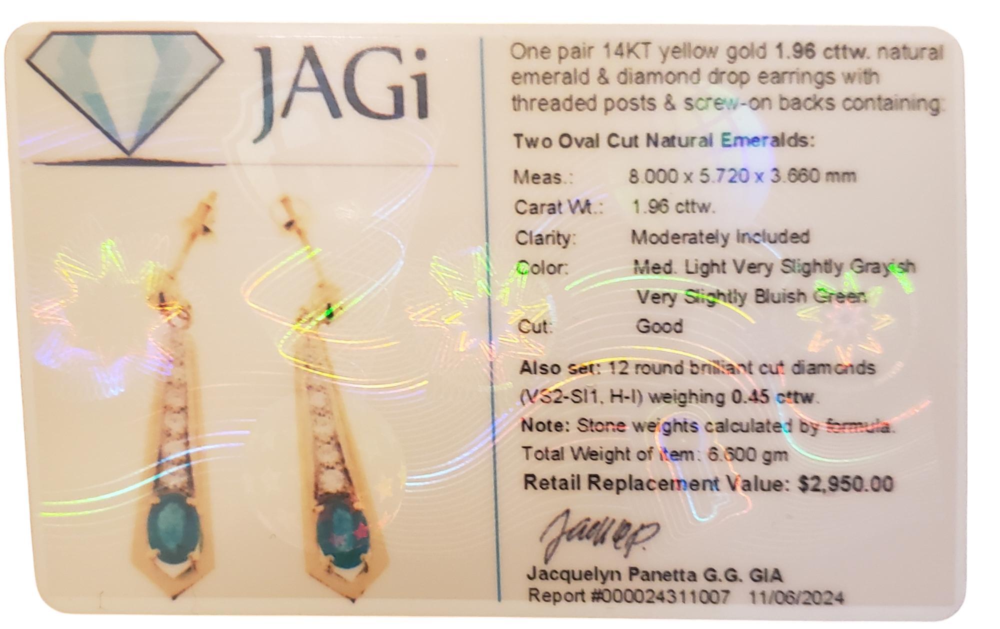 Boucles d'oreilles pendantes en or jaune 14 carats, émeraude et diamant n° 19728 en vente 2