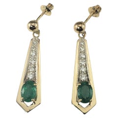 14 Karat Yellow Gold Emerald and Diamond Drop Earrings #19728