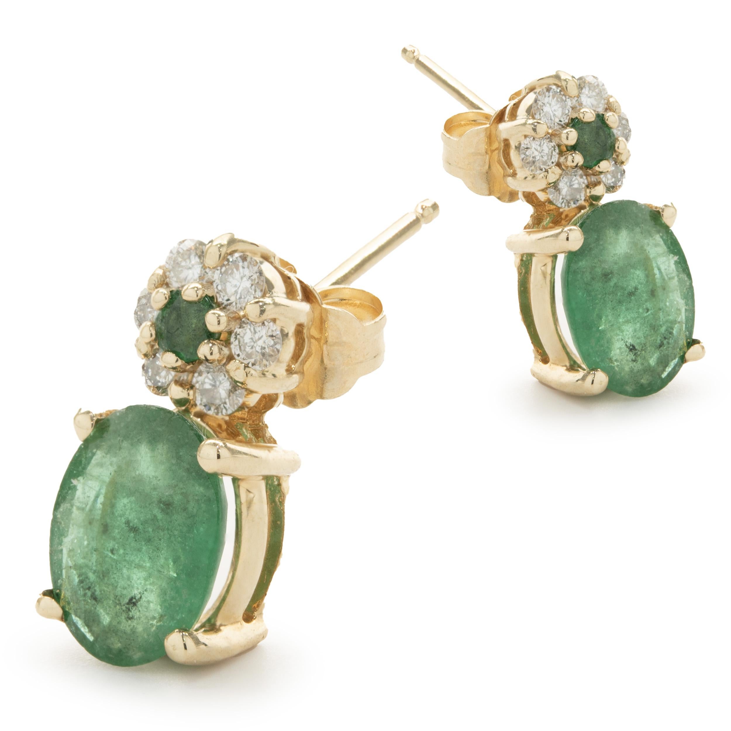 14 Karat Yellow Gold Emerald and Diamond Drop Earrings In Excellent Condition In Scottsdale, AZ