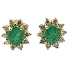 14 Karat Yellow Gold Emerald and Diamond Earrings