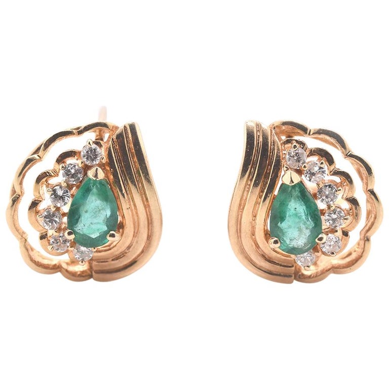 14 Karat Yellow Gold Emerald and Diamond Earrings For Sale at 1stdibs