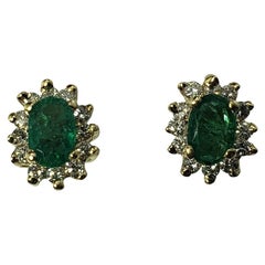 Vintage 14 Karat Yellow Gold Emerald and Diamond Earrings