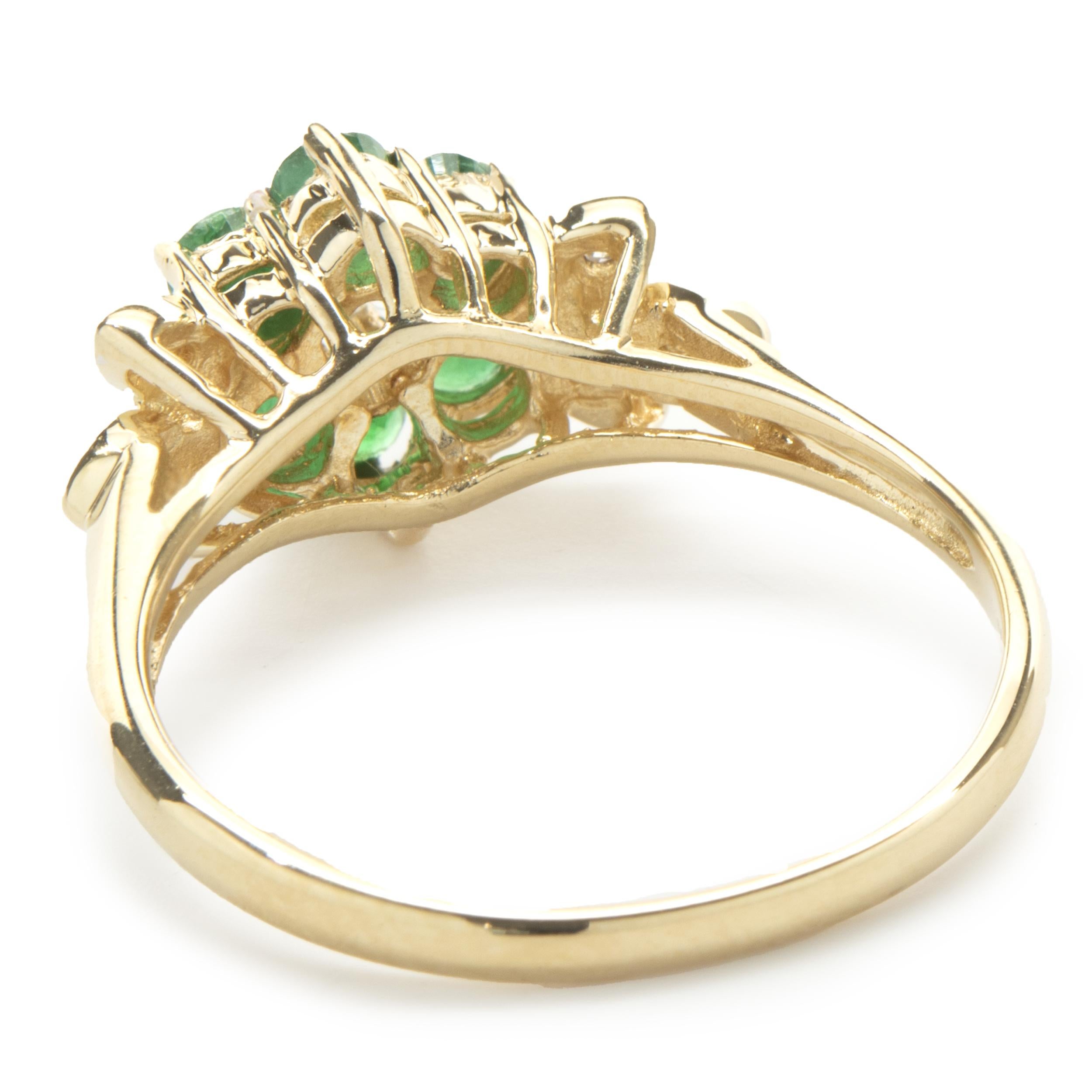 14 Karat Yellow Gold Emerald and Diamond Flower Ring In Excellent Condition For Sale In Scottsdale, AZ