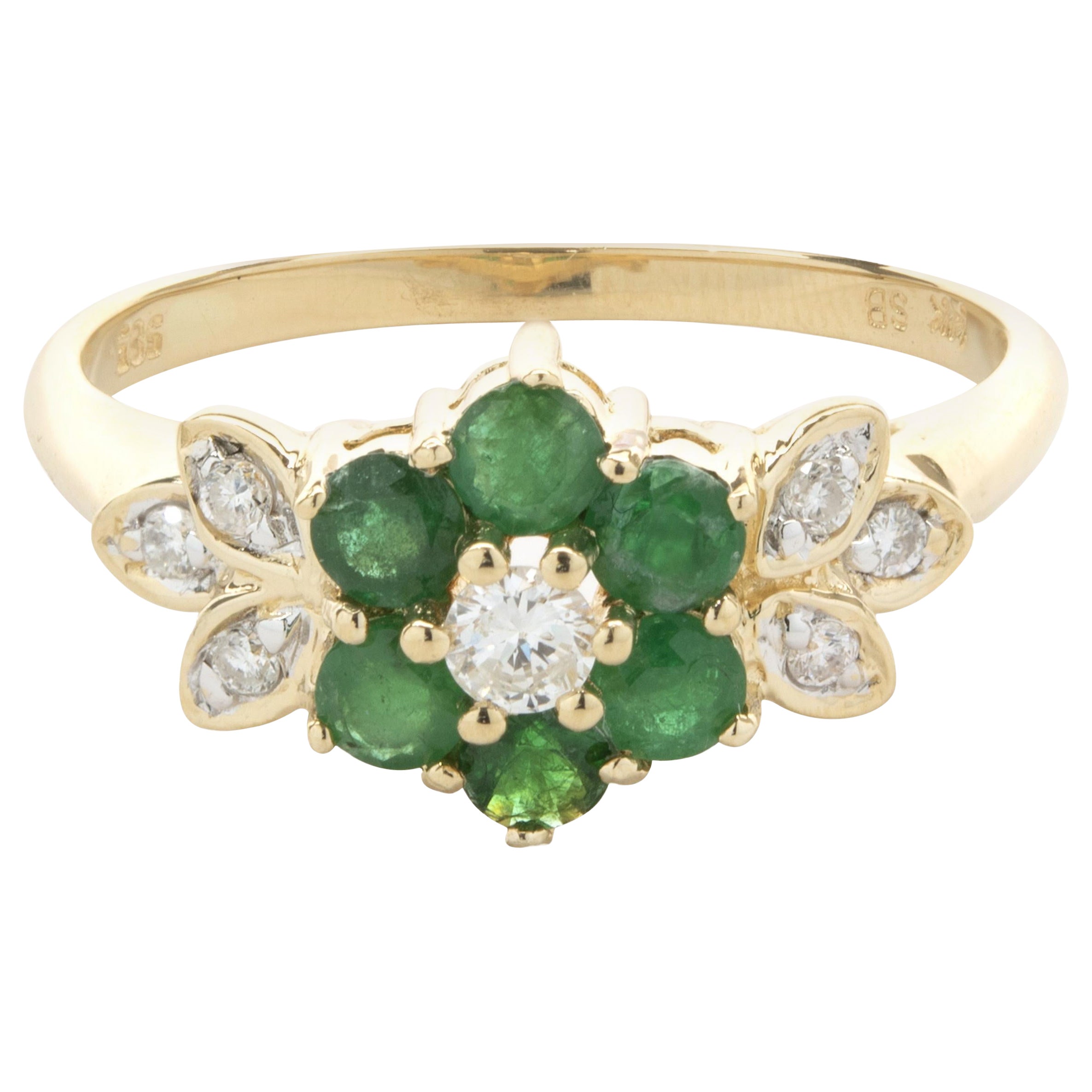 Blumenring aus 14 Karat Gelbgold mit Smaragd und Diamant