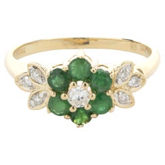 14 Karat Yellow Gold Emerald and Diamond Flower Ring