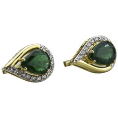 14 Karat Yellow Gold Emerald and Diamond Earrings