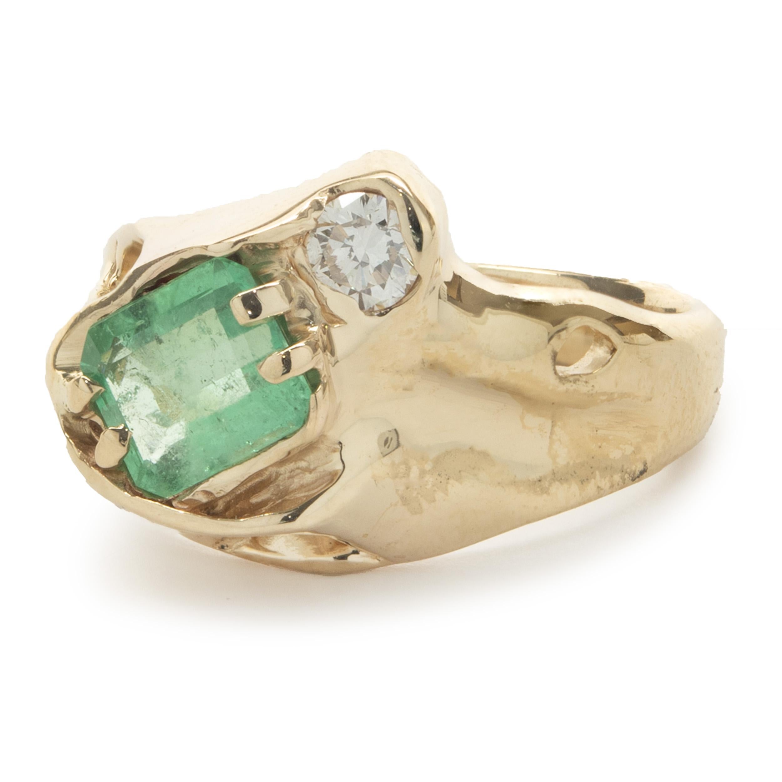Designer: custom
Material: 14K yellow gold
Diamond: round brilliant cut = 0.10ct
Color: H
Clarity: SI1
Dimensions: ring top measures 12.34mm long
Ring Size: 5.75 (complimentary sizing available)
Weight: 6.31 grams