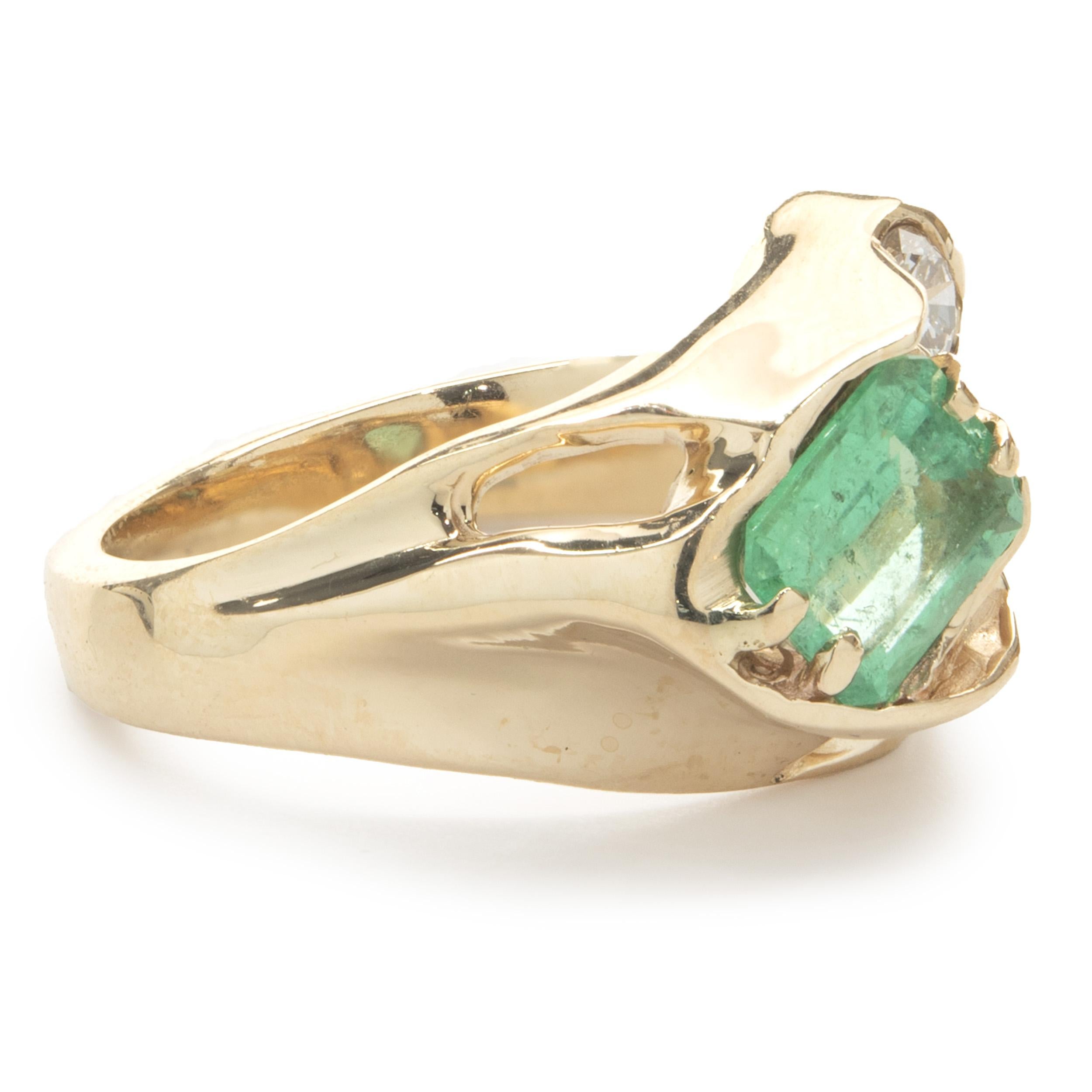 Emerald Cut 14 Karat Yellow Gold Fluorite and Diamond Freeform Ring