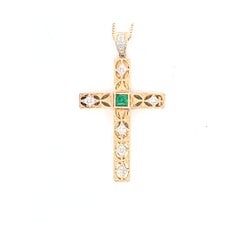 14 Karat Yellow Gold Emerald and Diamond "God Keep Me Safe" Cross