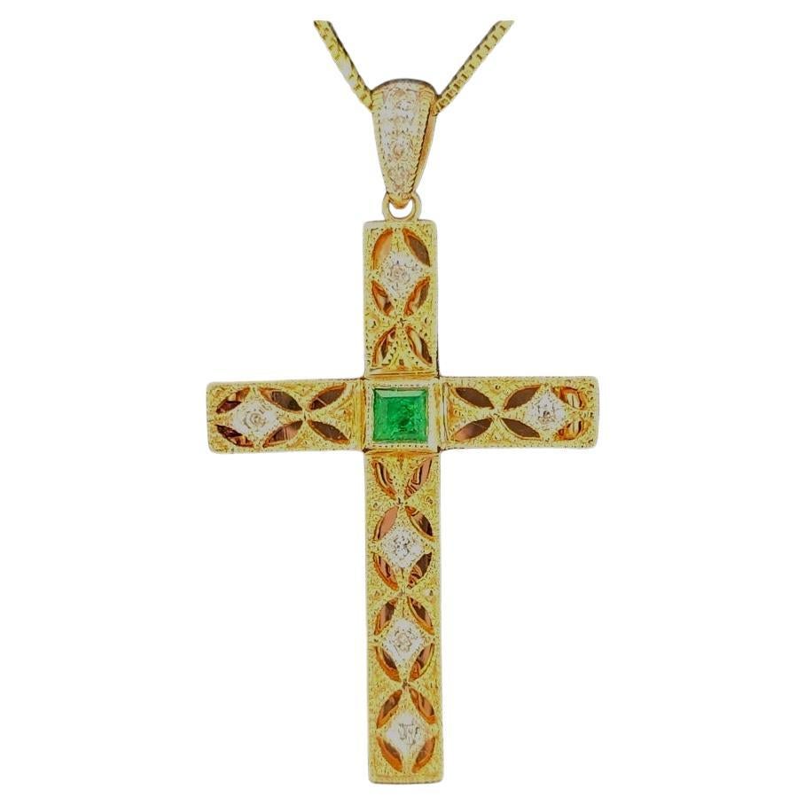 14 Karat Yellow Gold Emerald and Diamond "God Keep Me Safe" Cross For Sale