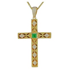 14 Karat Yellow Gold Emerald and Diamond "God Keep Me Safe" Cross