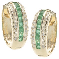 14 Karat Yellow Gold Emerald and Diamond Hoop Earrings