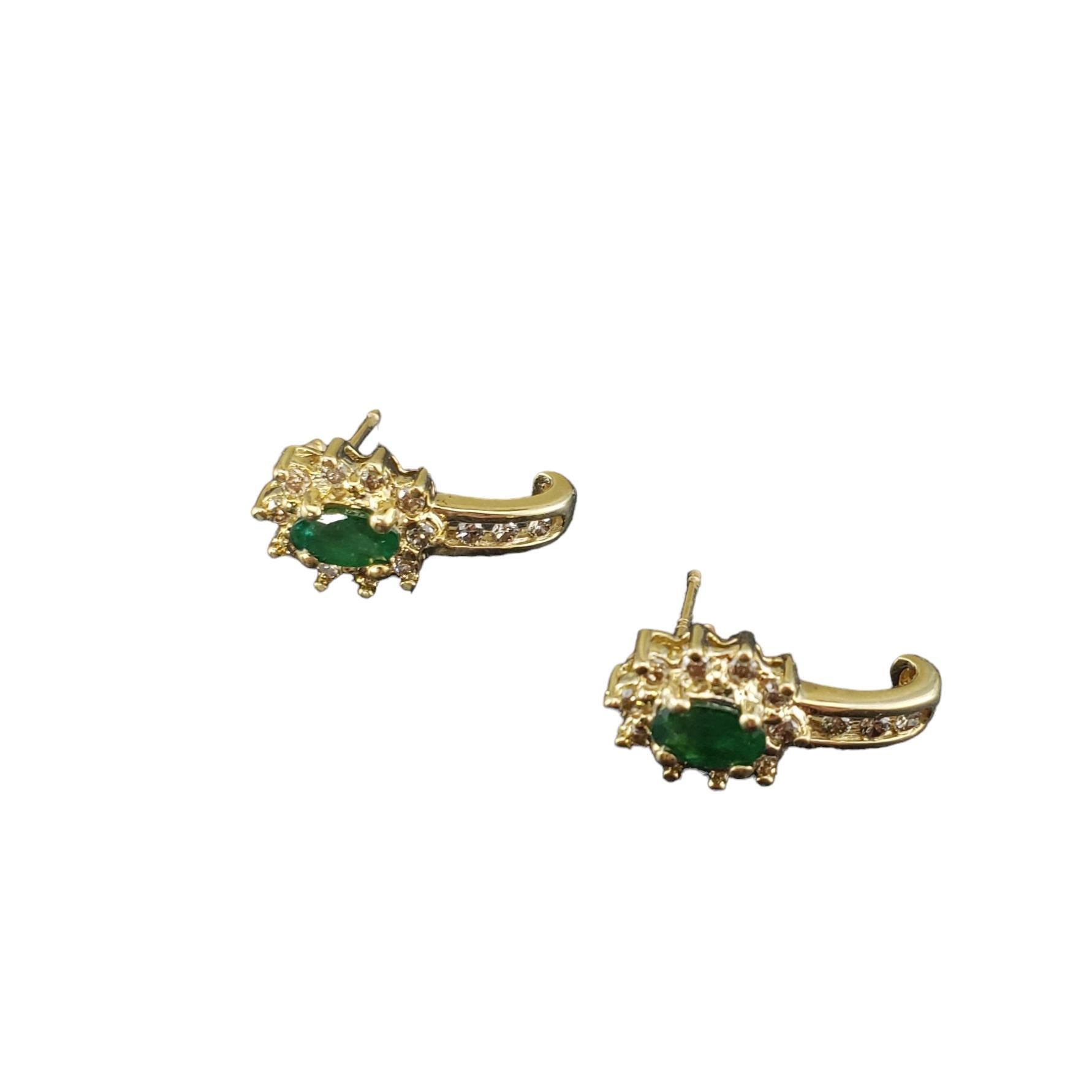 Oval Cut 14 Karat Yellow Gold Emerald and Diamond J Earrings  #17178 For Sale