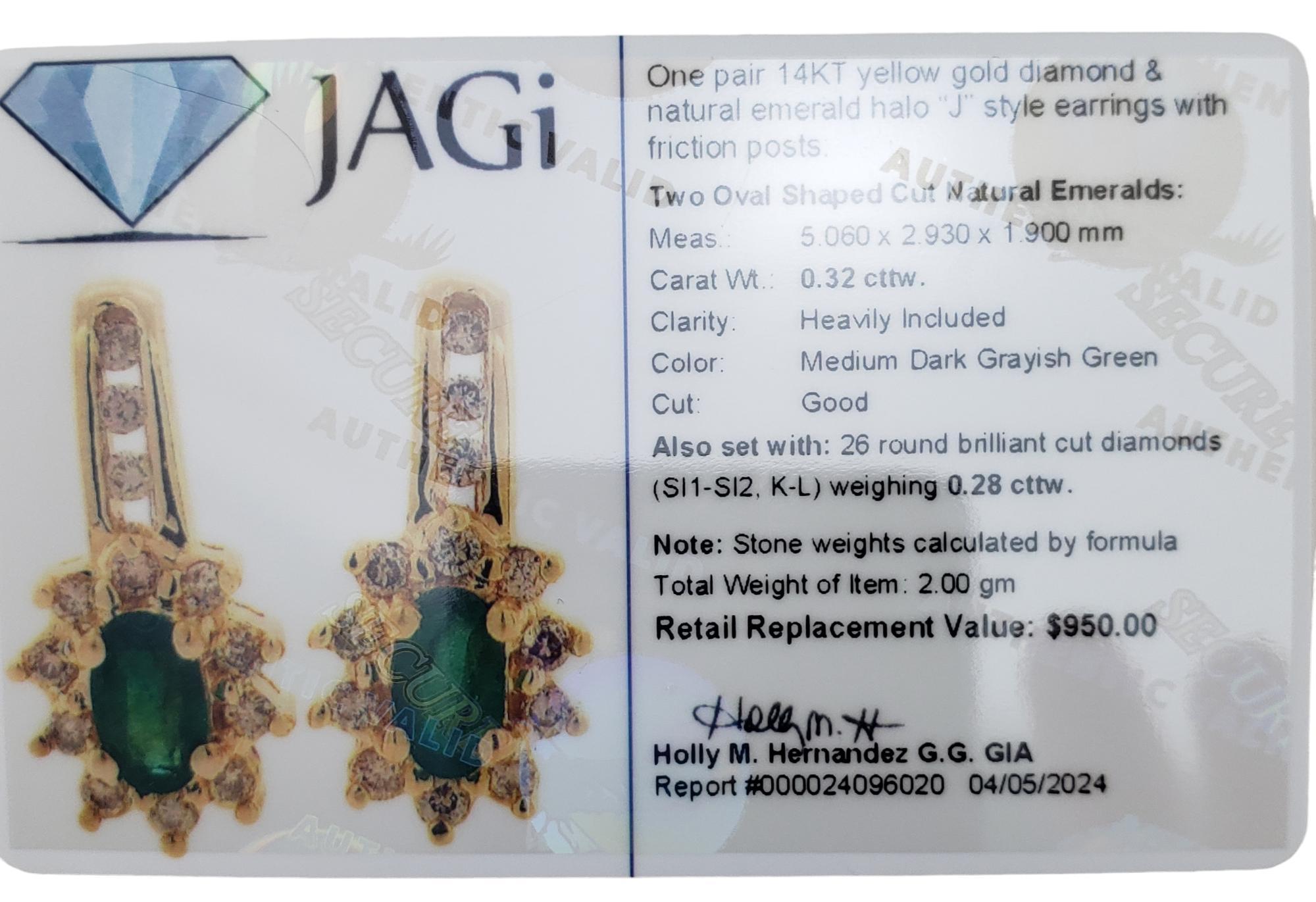 14 Karat Yellow Gold Emerald and Diamond J Earrings  #17178 For Sale 2