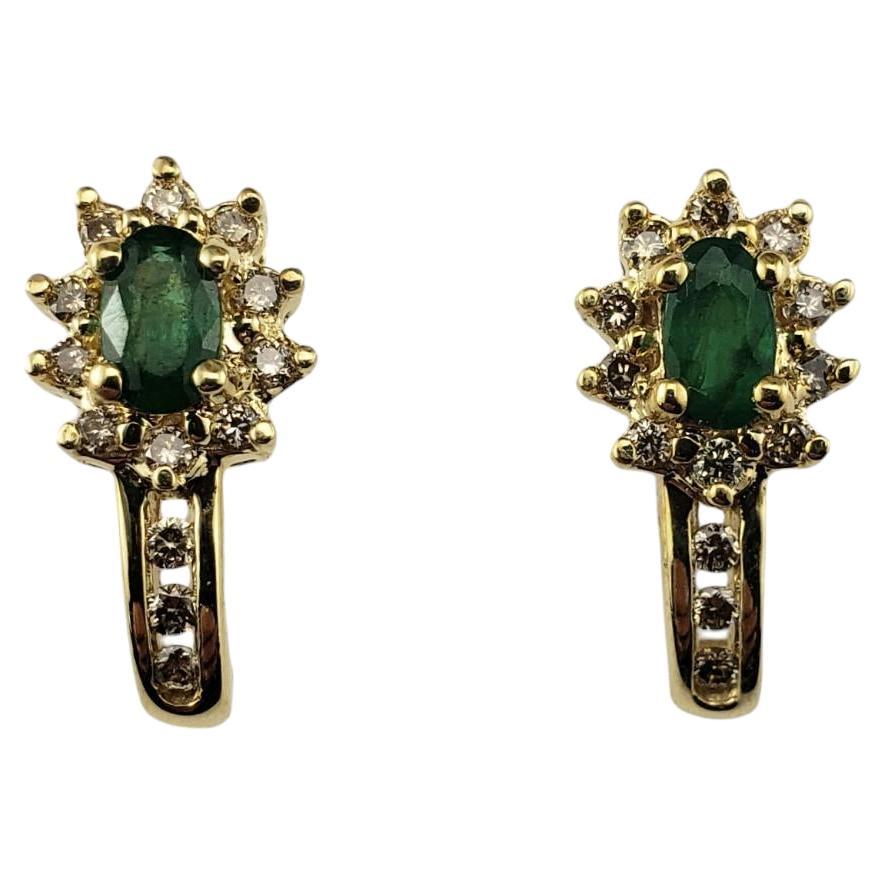 14 Karat Yellow Gold Emerald and Diamond J Earrings  #17178 For Sale