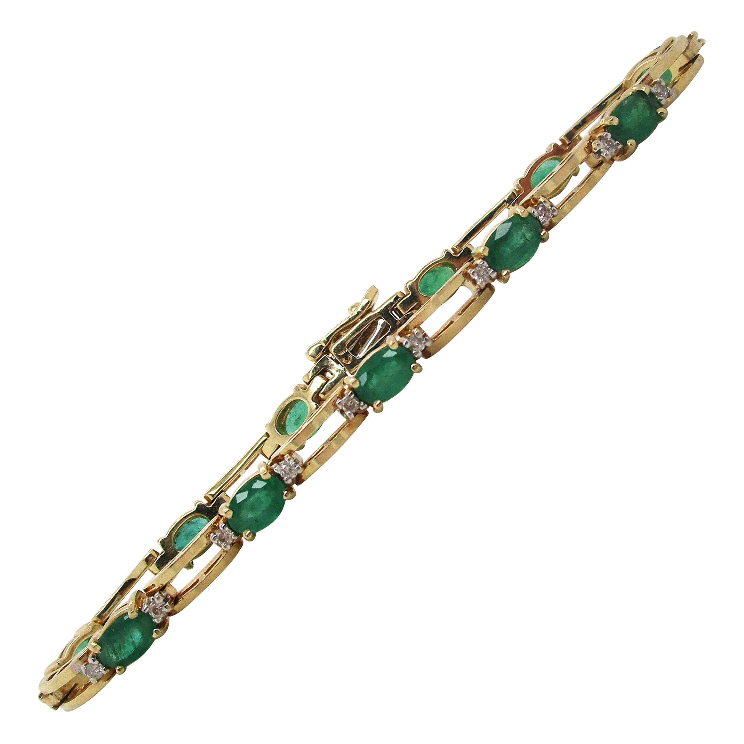 14 Karat Yellow Gold Emerald and Diamond Link Straight Line Bracelet